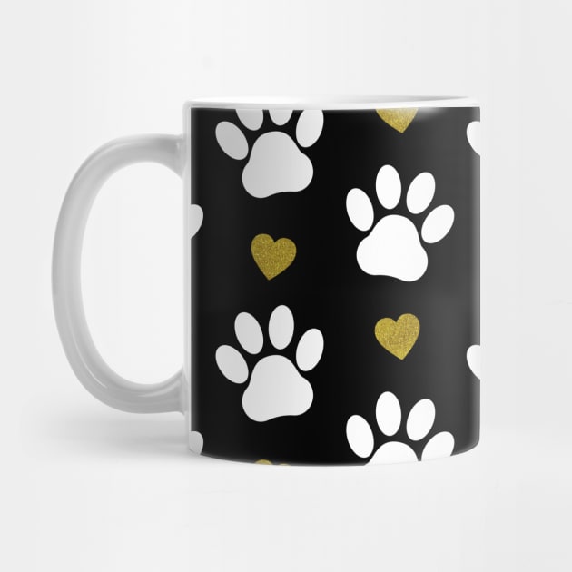 Pattern Of Paws, Dog Paws, White Paws, Gold Hearts by Jelena Dunčević